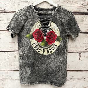 GUNS N ROSES Acid Wash Lace Up Front Graphic Tee - Grey / Black